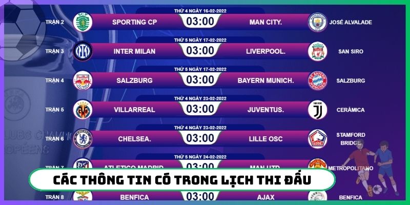Các thông tin có trong lịch thi đấu